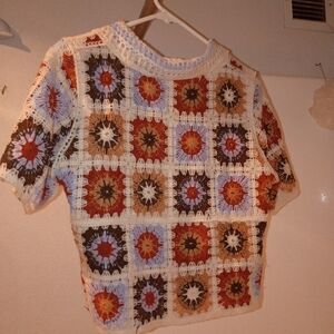 Crochet Patterned Button Down Short Sleeved T-Shirt